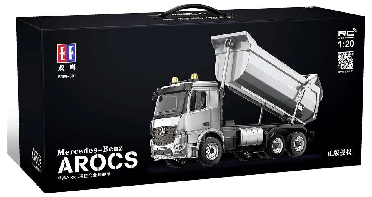 Art de boîte pour un camion benne Mercedes-Benz Arocs RC à l'échelle 1:20, montrant un camion trois essieux argenté sur un emballage de produit noir.