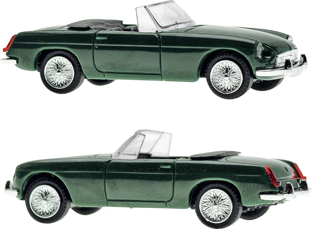 Deux vues d'une voiture jouet décapotable vintage vert foncé, présentée de profil avec la capote baissée et des roues chromées.