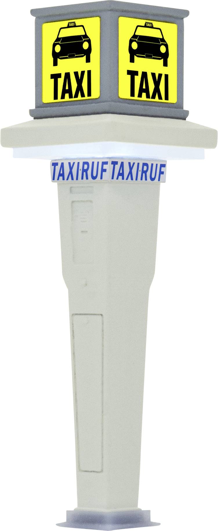 Panneau de toit de taxi avec des lumières jaunes « TAXI » des deux côtés et le texte bleu « TAXIRUF » sur la base blanche.