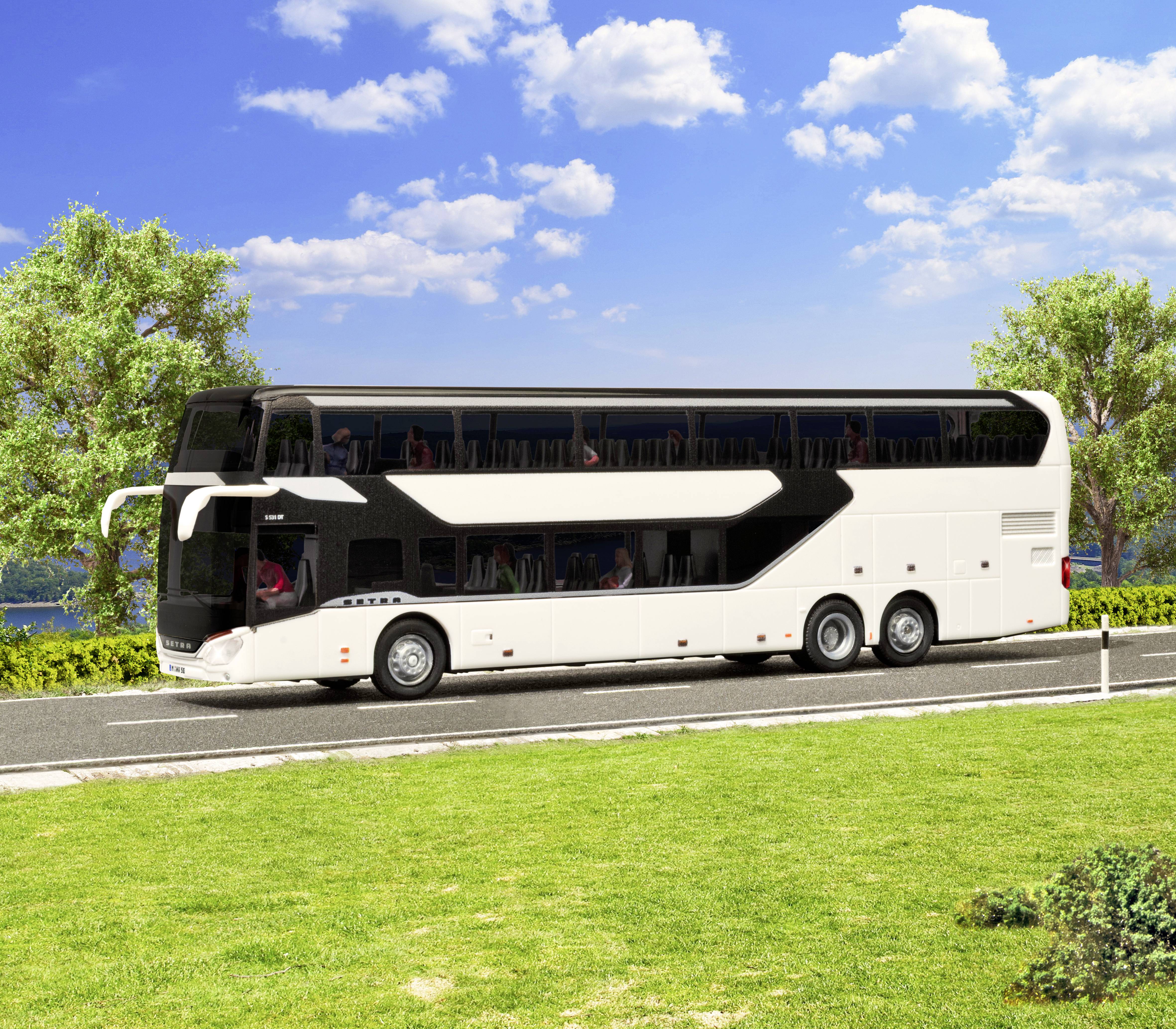 Autobus à deux étages blanc et noir garé sur une route à côté de l'herbe et des arbres sous un ciel bleu avec des nuages.
