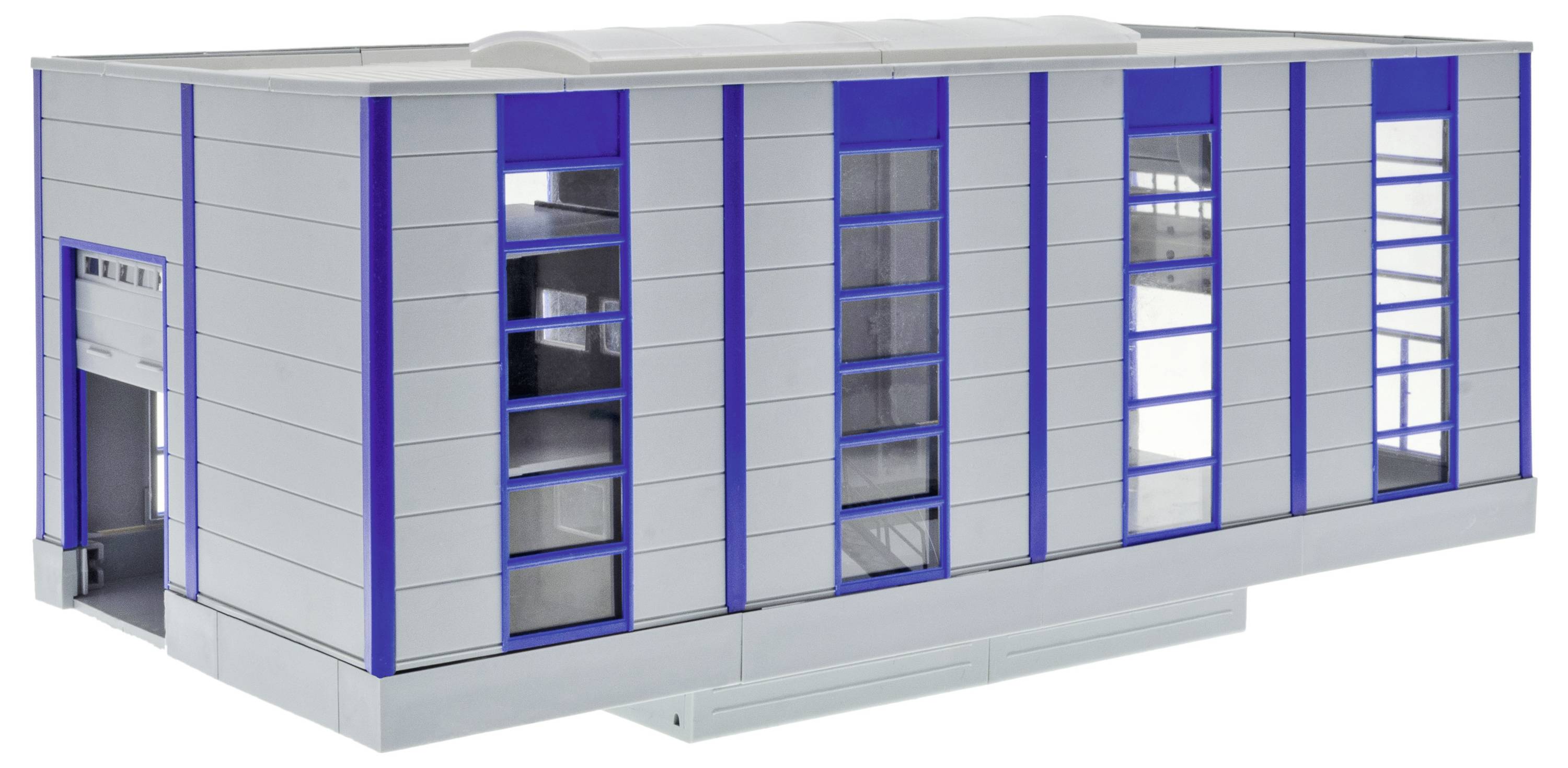 Rendu 3D d'un bâtiment rectangulaire modulaire avec des accents verticaux bleus, des rangées de hautes fenêtres et une porte latérale, présenté sur un fond blanc.