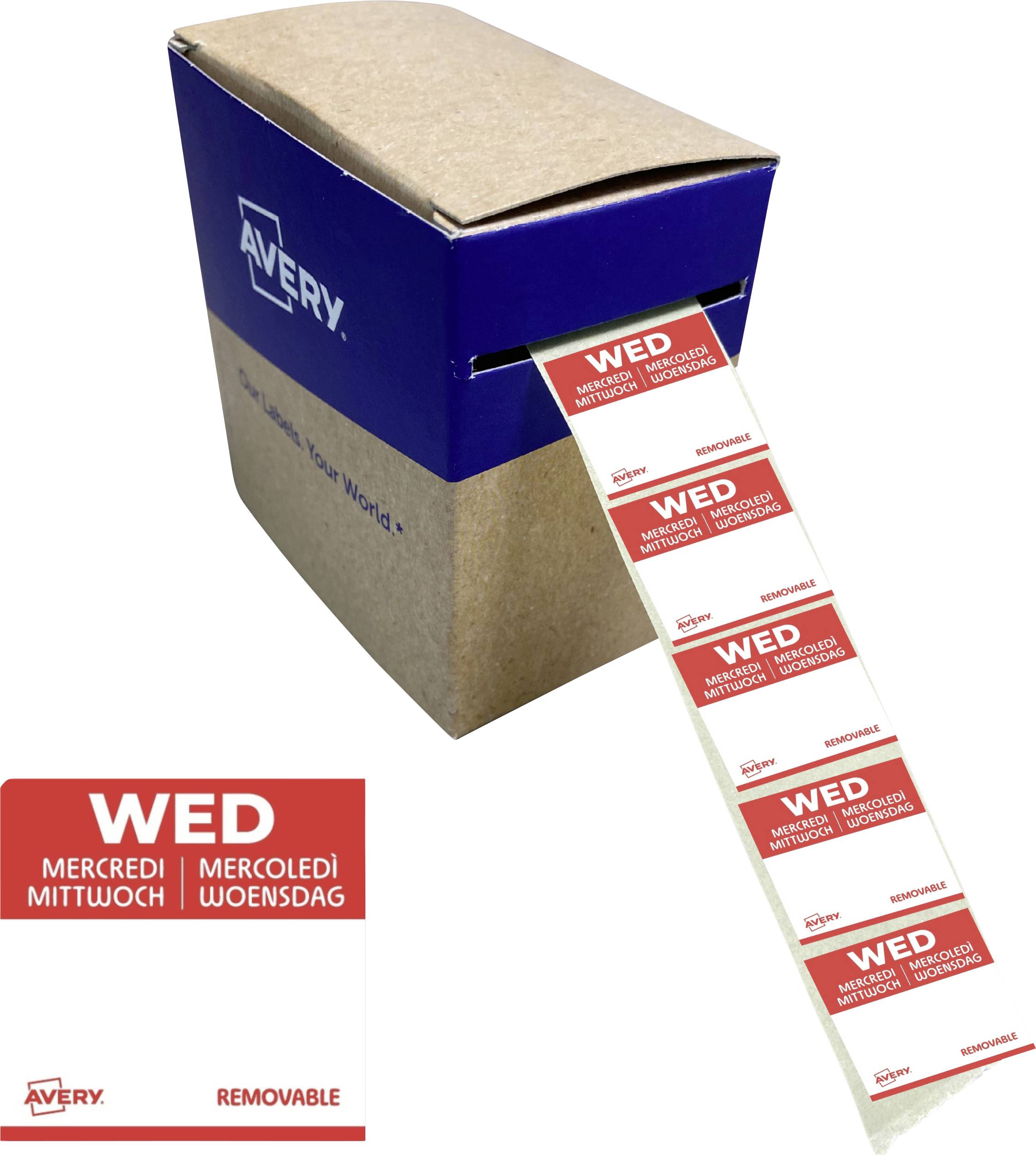 Étiquettes adhésives amovibles Avery pour les jours de la semaine sur un distributeur, avec des étiquettes « MER » en rouge et blanc, présentées en plusieurs langues.