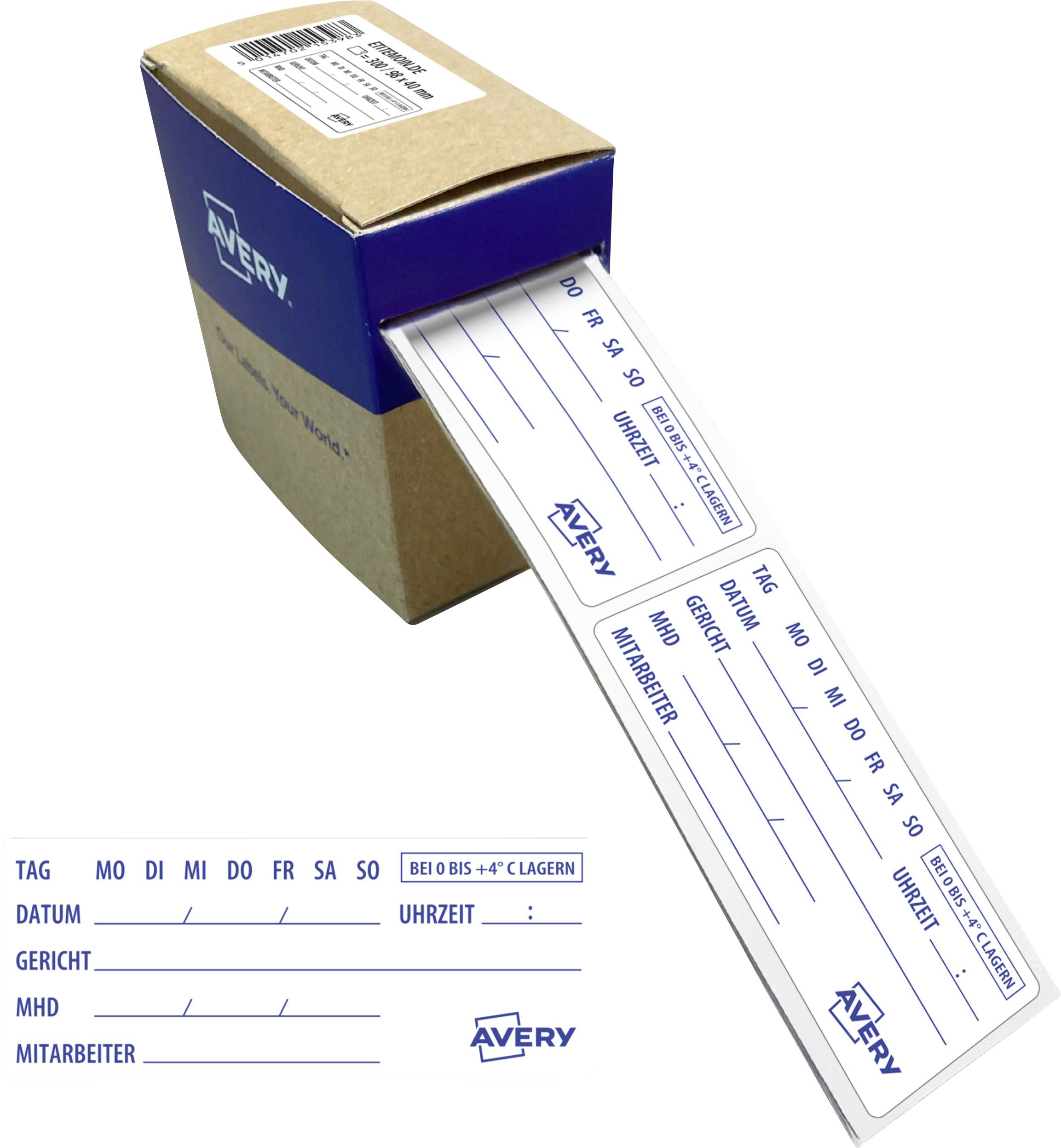 Boîte d'étiquettes Avery avec un long rouleau d'étiquettes de planification blanches et un exemple d'étiquette montrant des champs en allemand pour jour, date, heure, plat, date d'expiration et employé.