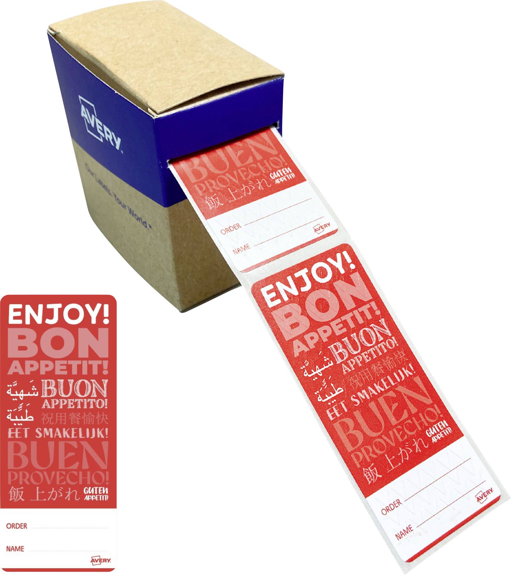 Distributeur d'étiquettes Avery avec un rouleau d'étiquettes rouges et blanches « ENJOY! BON APPETIT! » et une bande d'étiquettes échantillon illustrée ci-dessous.