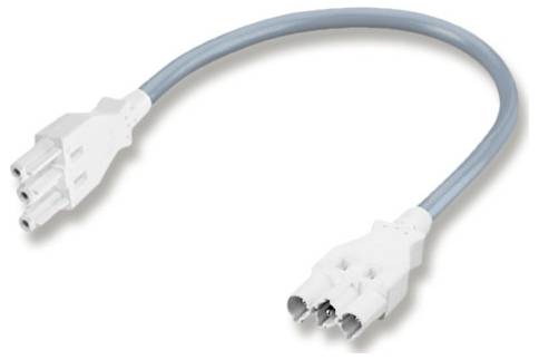Blue electrical power cable with white 3-pin connector ends on both sides, shown on a plain background.