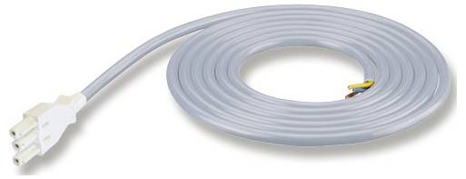 Câble électrique gris enroulé avec un connecteur trois broches blanc à une extrémité et des fils de couleur exposés à l'autre extrémité.
