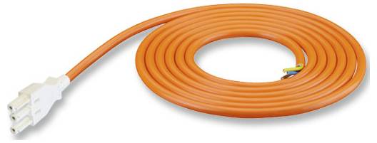 Cordon de rallonge électrique orange enroulé avec une fiche trois broches blanche et l'extrémité du fil dénudée.