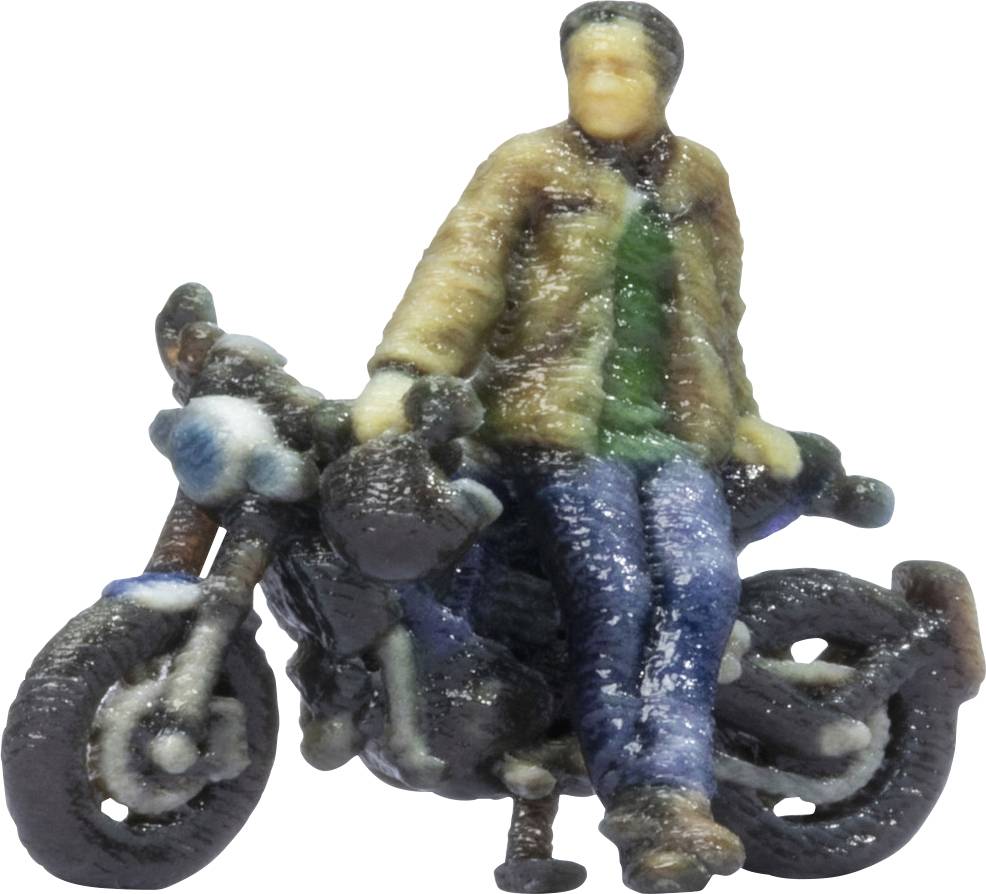 Figurine de jouet d'une personne assise sur une moto, portant une veste beige et un pantalon bleu.