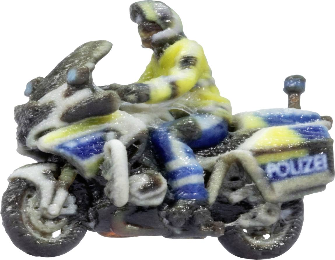 Petite moto de police jouet avec cavalier en uniforme jaune et bleu sur une moto noir et blanc, présentée sur un fond blanc.