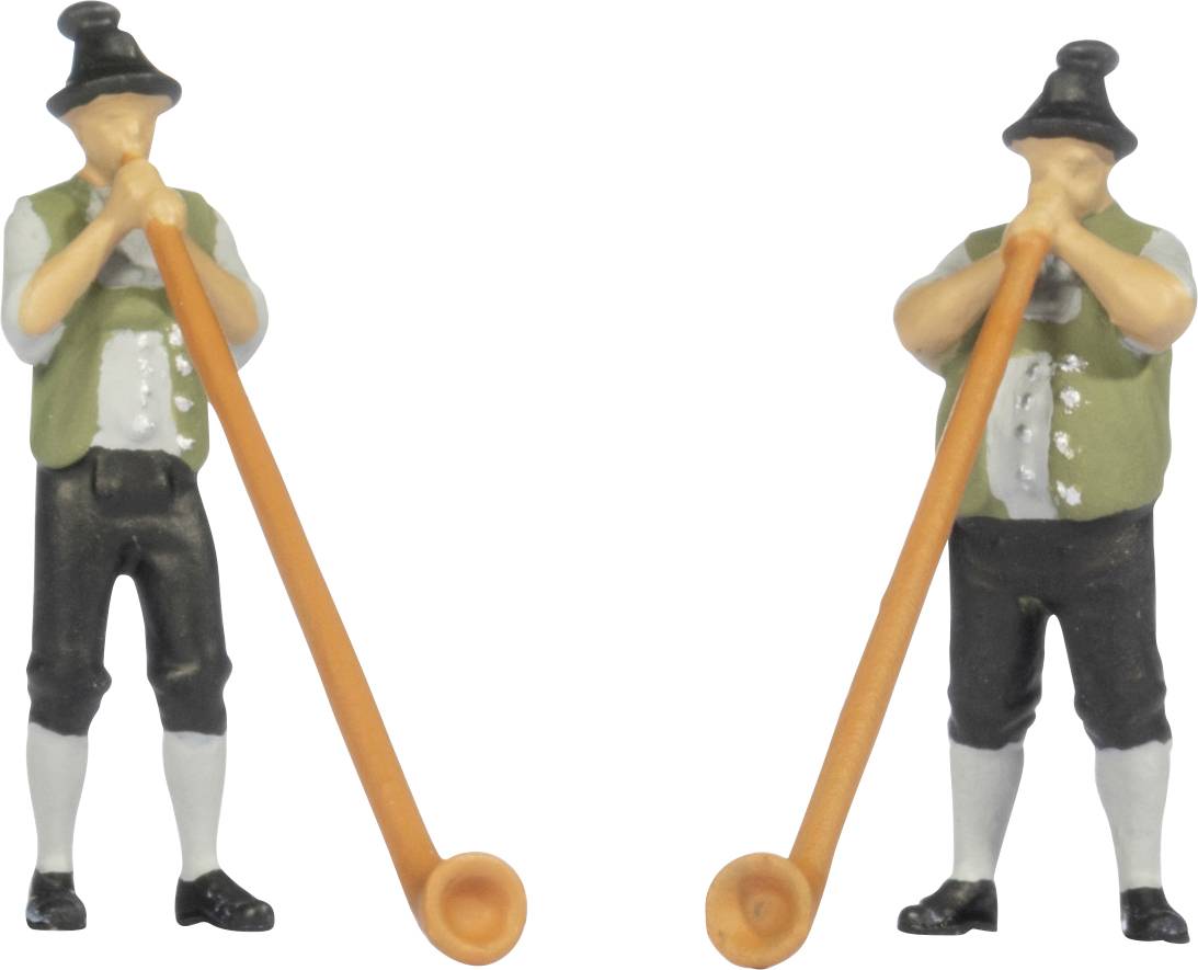 Deux petites figurines en costume traditionnel tenant de longs bâtons orange, posées comme si elles jouaient des cors des Alpes sur un fond blanc.
