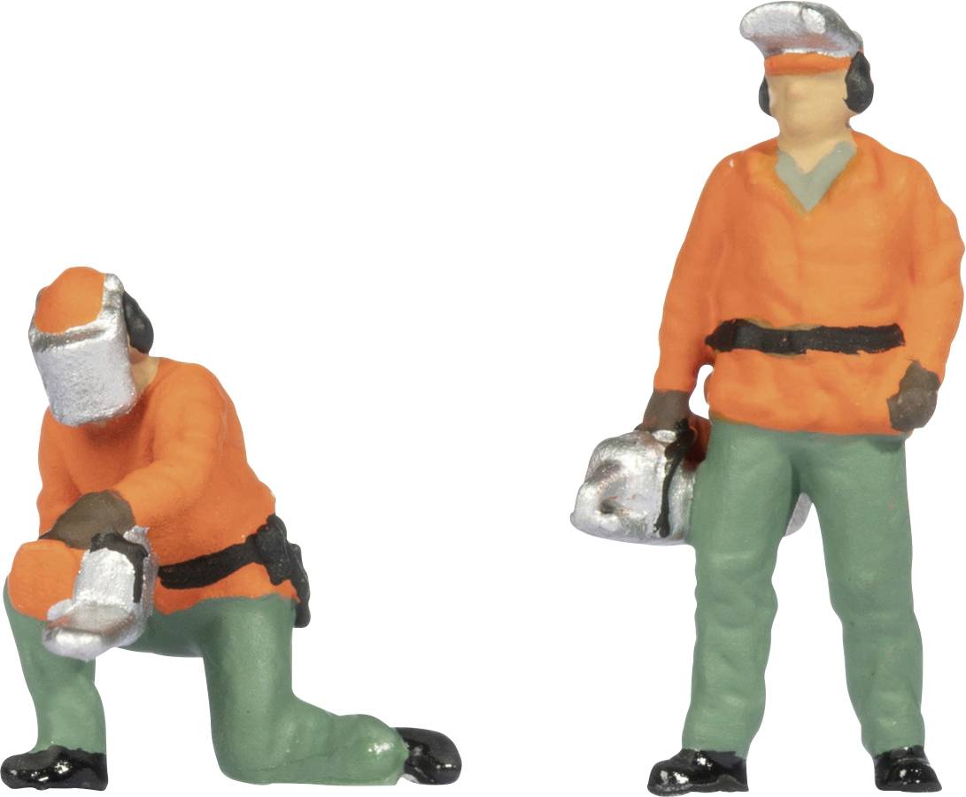 Deux figurines de travailleurs de la construction vêtues d'orange : l'une agenouillée avec un outil, l'autre debout et tenant une tronçonneuse.