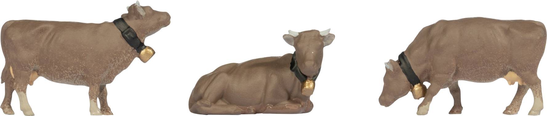 Trois vues d'une vache brune portant un collier noir sur un fond blanc : debout à gauche, allongée au centre et broutant à droite.