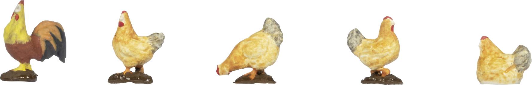 Cinq figurines de coq dans des poses et des couleurs différentes, arrangées en rangée sur un fond blanc.
