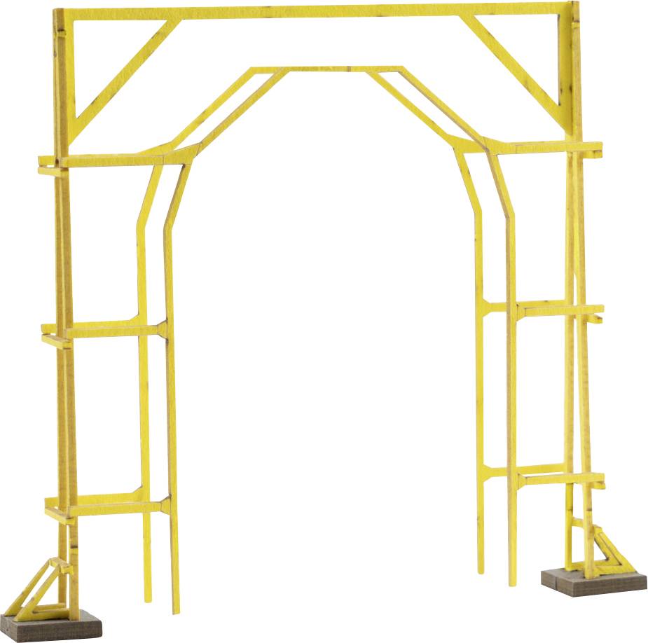 Cadre d'échafaudage en métal jaune avec entretoises croisées et plaques de base, formant une structure de support rectangulaire ouverte.