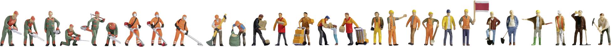 Une rangée de petites figurines de travailleurs en orange et gris, représentées dans diverses poses pour suggérer une séquence de travail manuel ou de travail d'équipe.