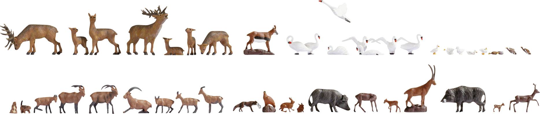 Deux rangées de silhouettes d'animaux montrant une variété de mammifères et d'oiseaux, dont des cerfs, des élans, des ours, des éléphants, des oies et de petits animaux, arrangés par taille.