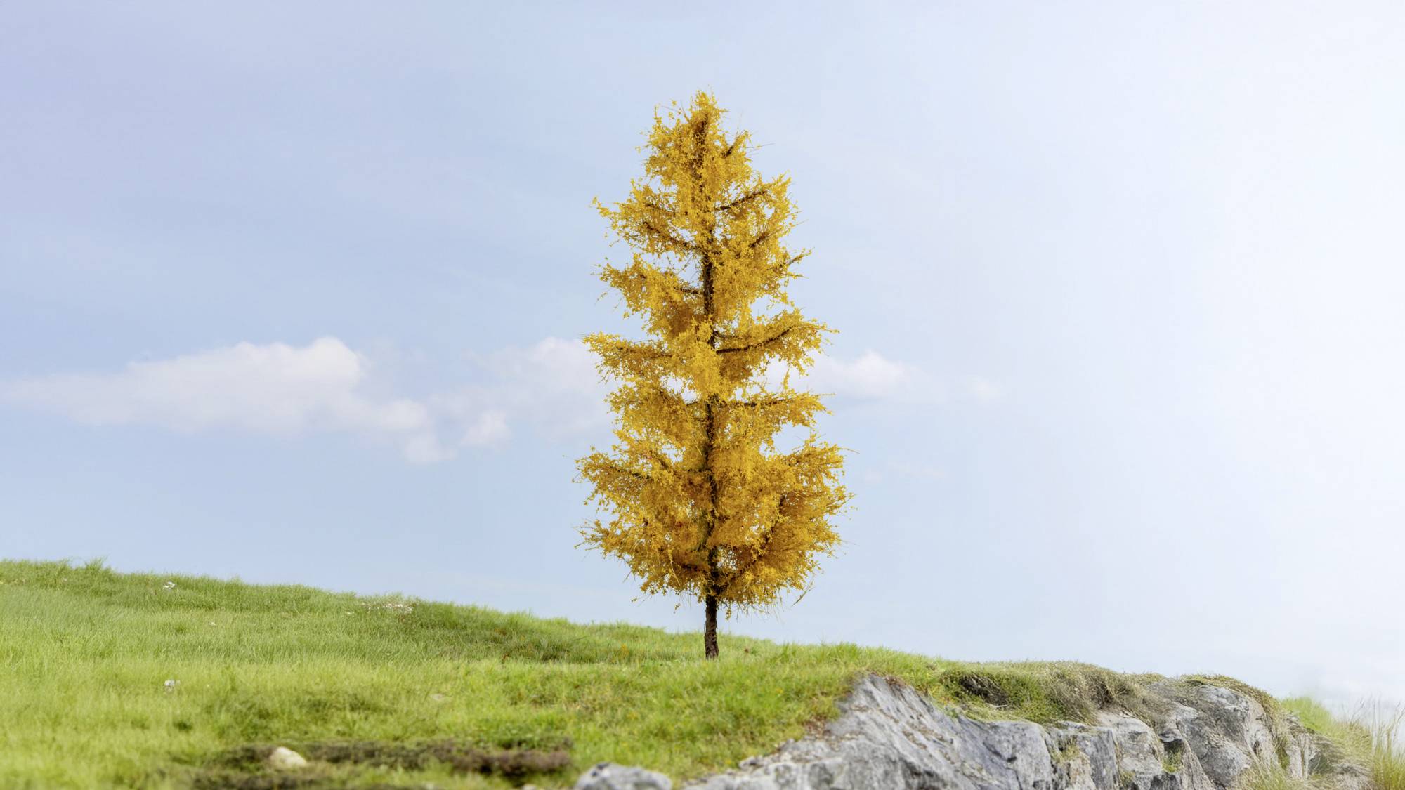 Un arbre d'automne doré solitaire se dresse sur une colline herbueuse à côté d'une falaise rocheuse sous un ciel bleu.