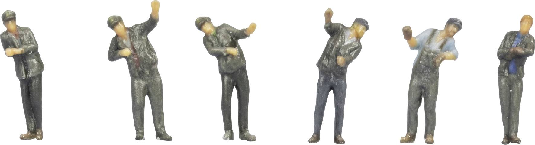 Six petites figurines d'hommes dans différentes poses, debout et gestikulant comme des modèles miniatures sur un fond blanc.