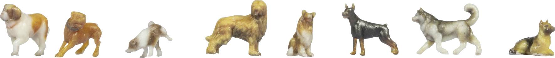 Une rangée de huit races de chiens différentes debout de profil sur un fond blanc.