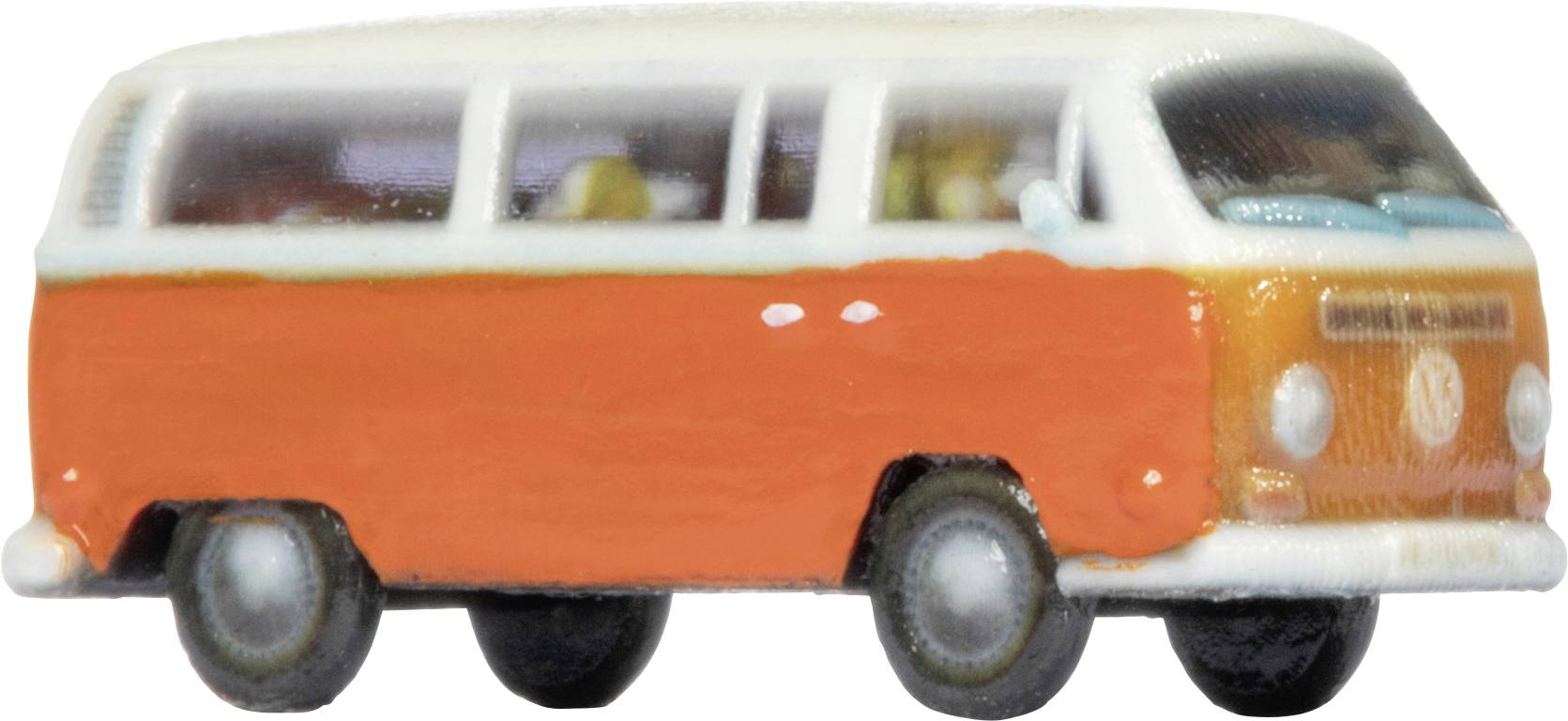 Fourgonnette vintage orange et blanche jouet vue de profil sur fond blanc.