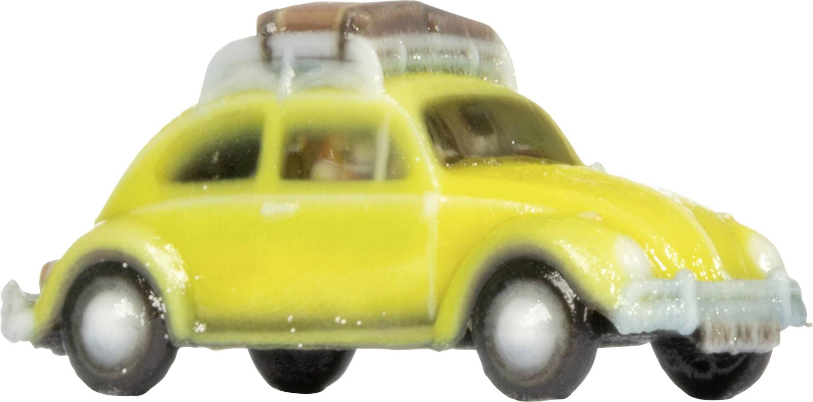 Voiture jouet jaune avec galerie de toit, présentée en vue de profil sur fond blanc.