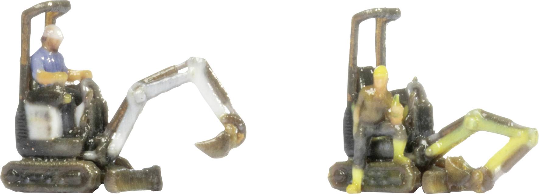 Deux minuscules excavatrices modèles présentées côte à côte sur un fond blanc, une grise et une jaune, chacune avec une figurine d'opérateur assis et un bras de creusement levé.