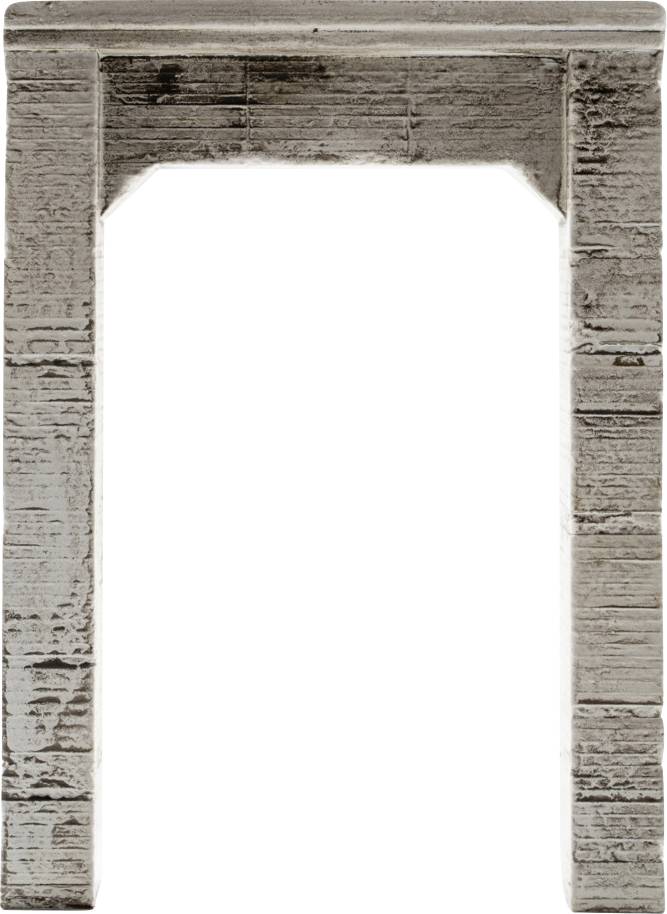 Cadre de porte ou support en forme d'arche en bois usé, isolé sur fond blanc.