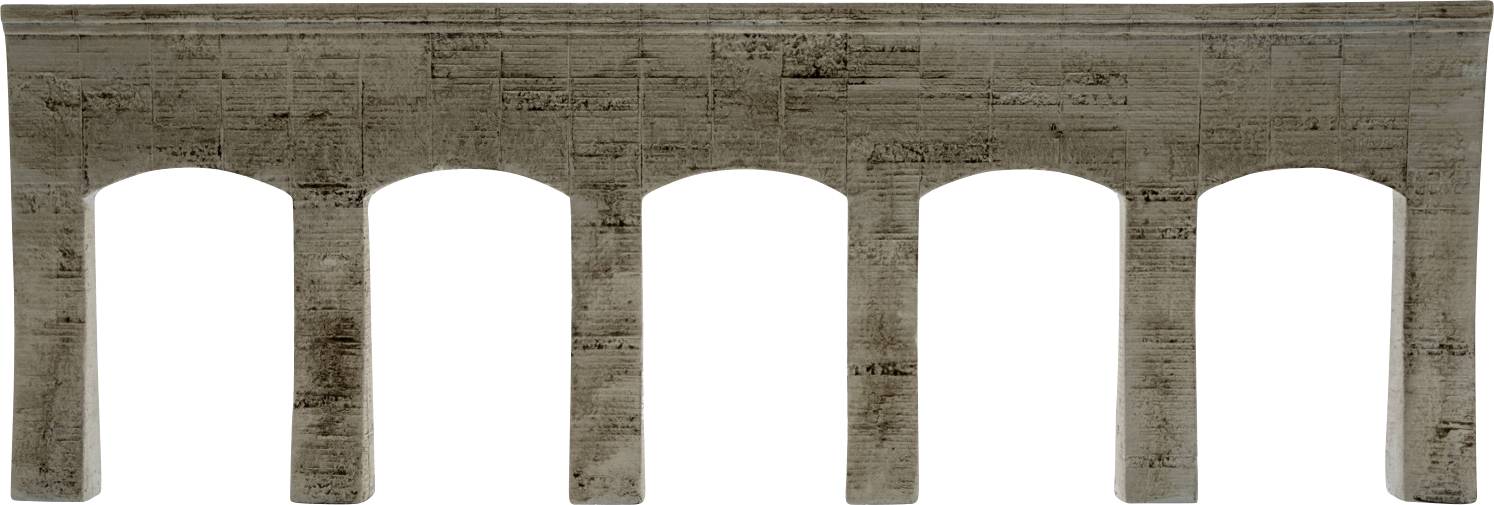 Une structure en béton usée par le temps avec cinq ouvertures cintrées, présentée isolée sur un fond blanc.
