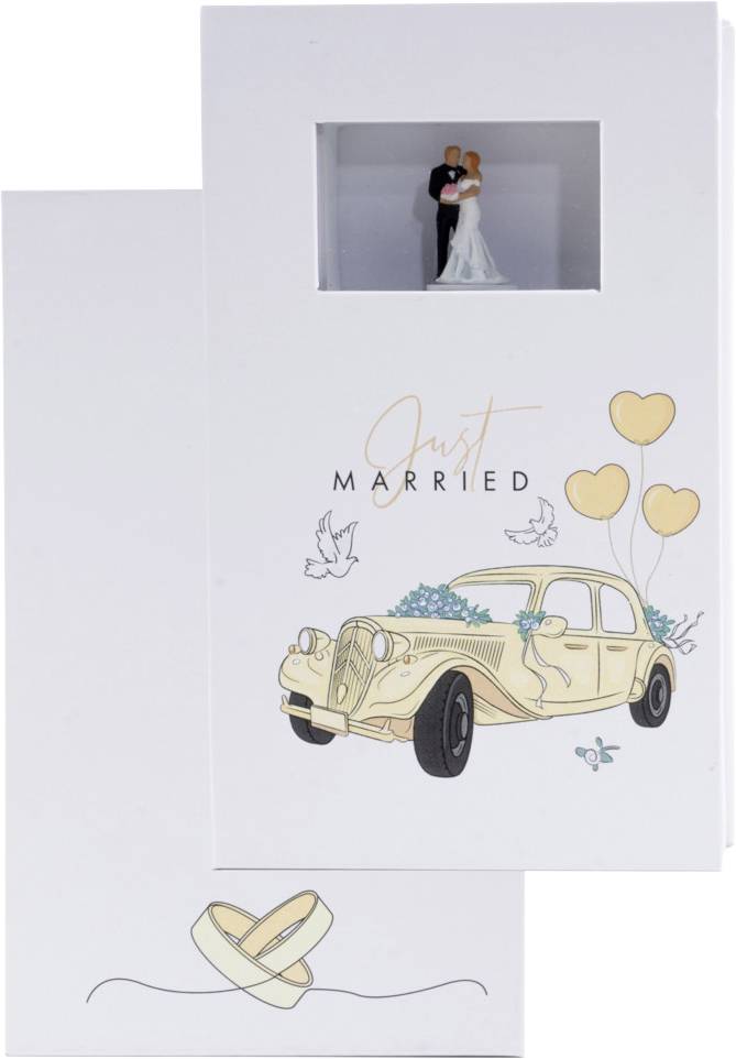Carton d'invitation de mariage avec une petite fenêtre photo, texte « Juste mariés » et une illustration de voiture vintage avec des cœurs.
