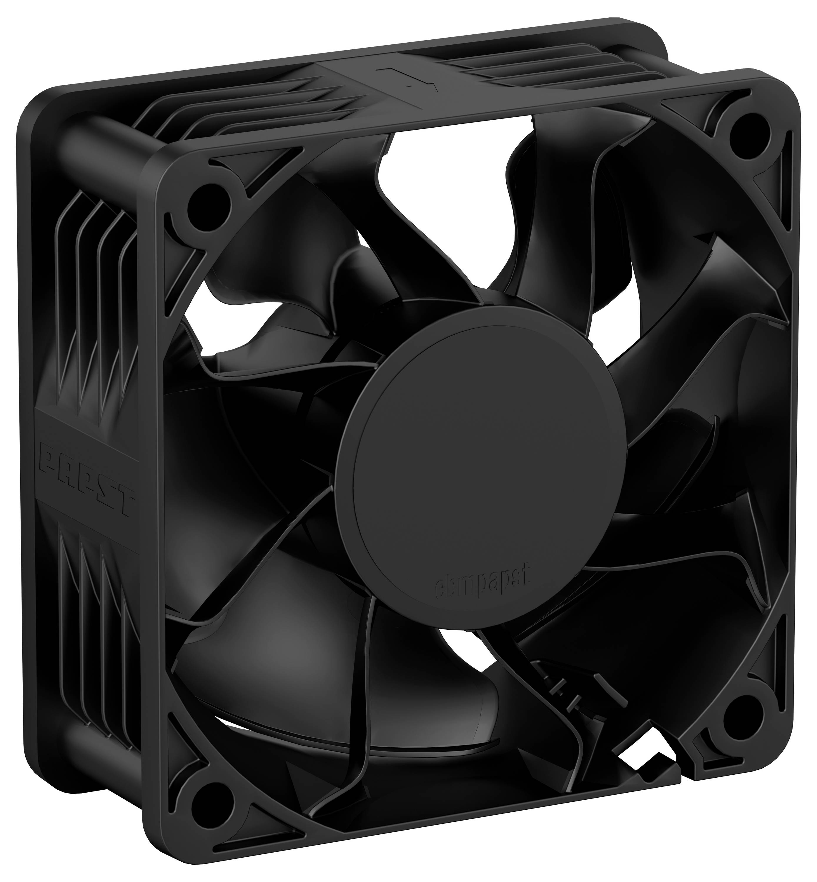 Ventilateur de refroidissement informatique noir carré avec huit pales et trous de montage, présenté en vue de face sur fond blanc.