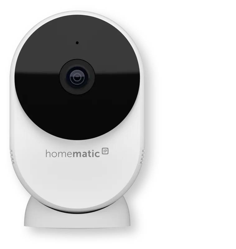 Caméra de sécurité intérieure Homematic IP blanche avec lentille circulaire noire et socle de base sur un fond uni.