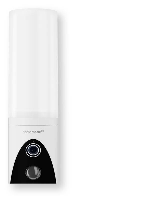 Appareil domotique Homematic blanc avec le haut cylindrique, panneau avant noir, lentille de caméra ou de capteur circulaire, et bouton inférieur sur un fond uni