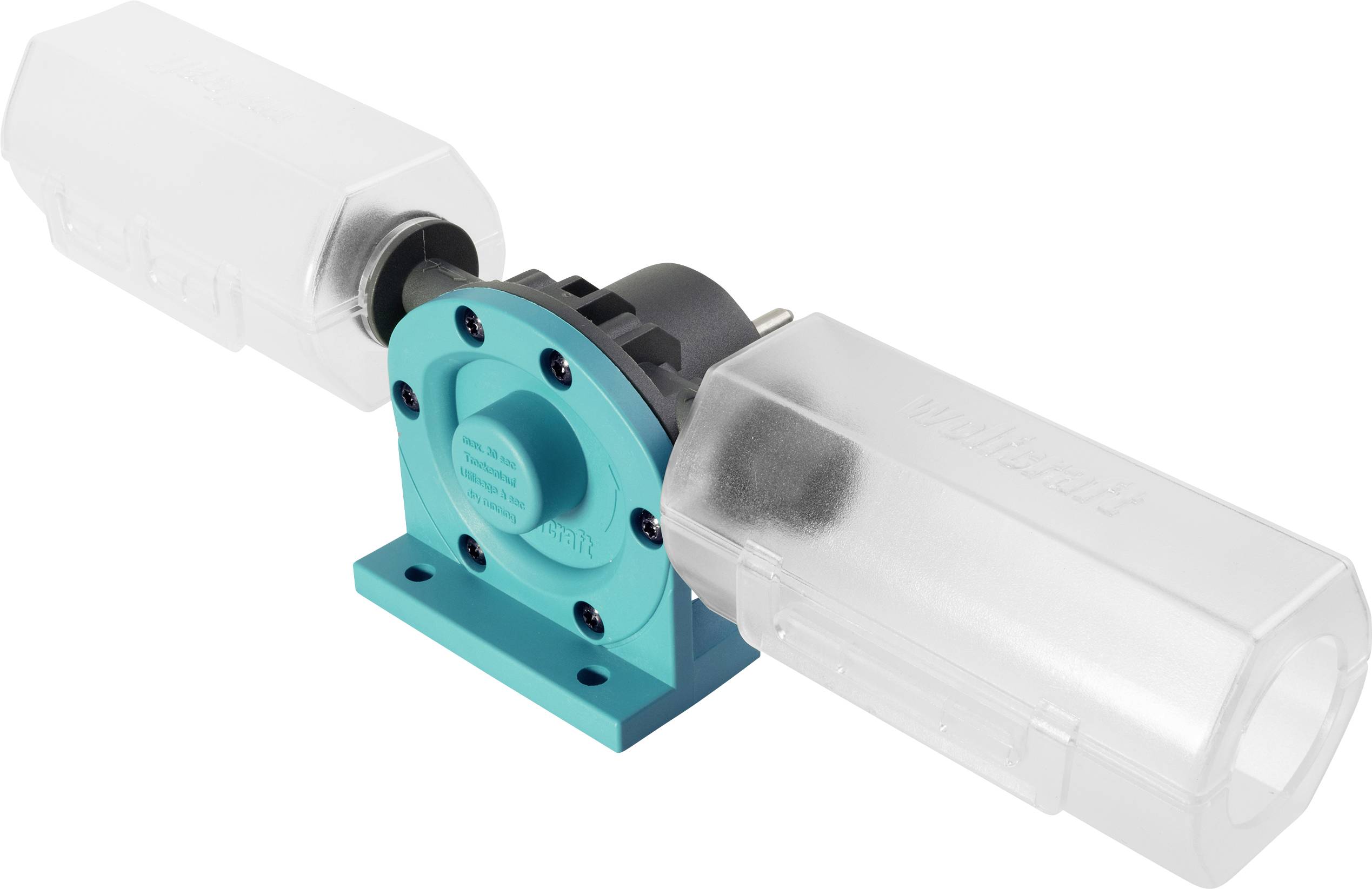 Moteur électrique bleu ou transmission par engrenage monté entre deux boîtiers cylindriques dépolis sur un fond blanc.