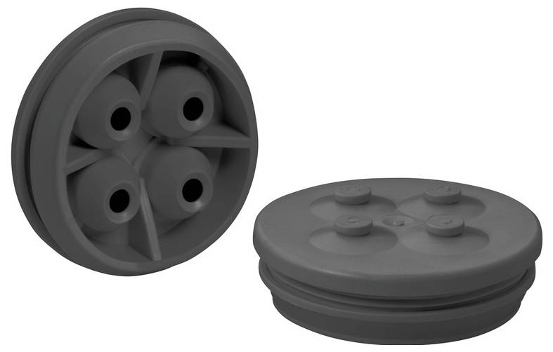 Deux vues d'un capuchon ou connecteur en plastique gris rond, montrant une face avant avec quatre trous et une vue latérale avec une base nervurée.
