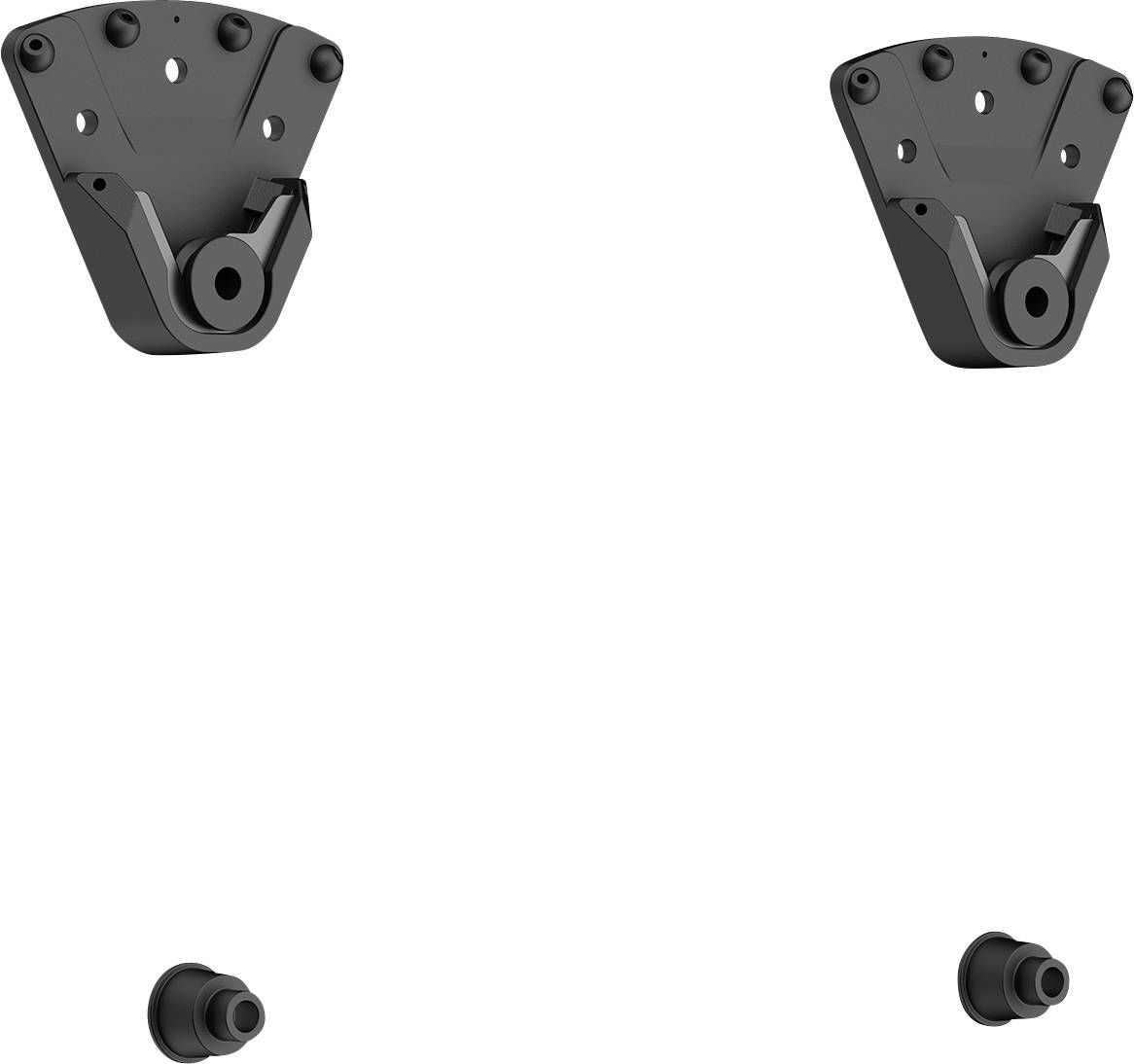 Deux supports de montage mécanique gris foncé présentés séparément, avec deux petites pièces connecteur cylindriques en bas sur un fond blanc.