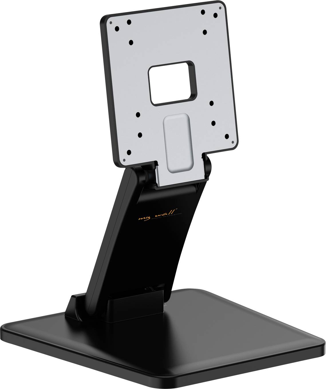 Support de moniteur noir réglable avec plaque de montage VESA carrée et base plate sur un fond blanc.