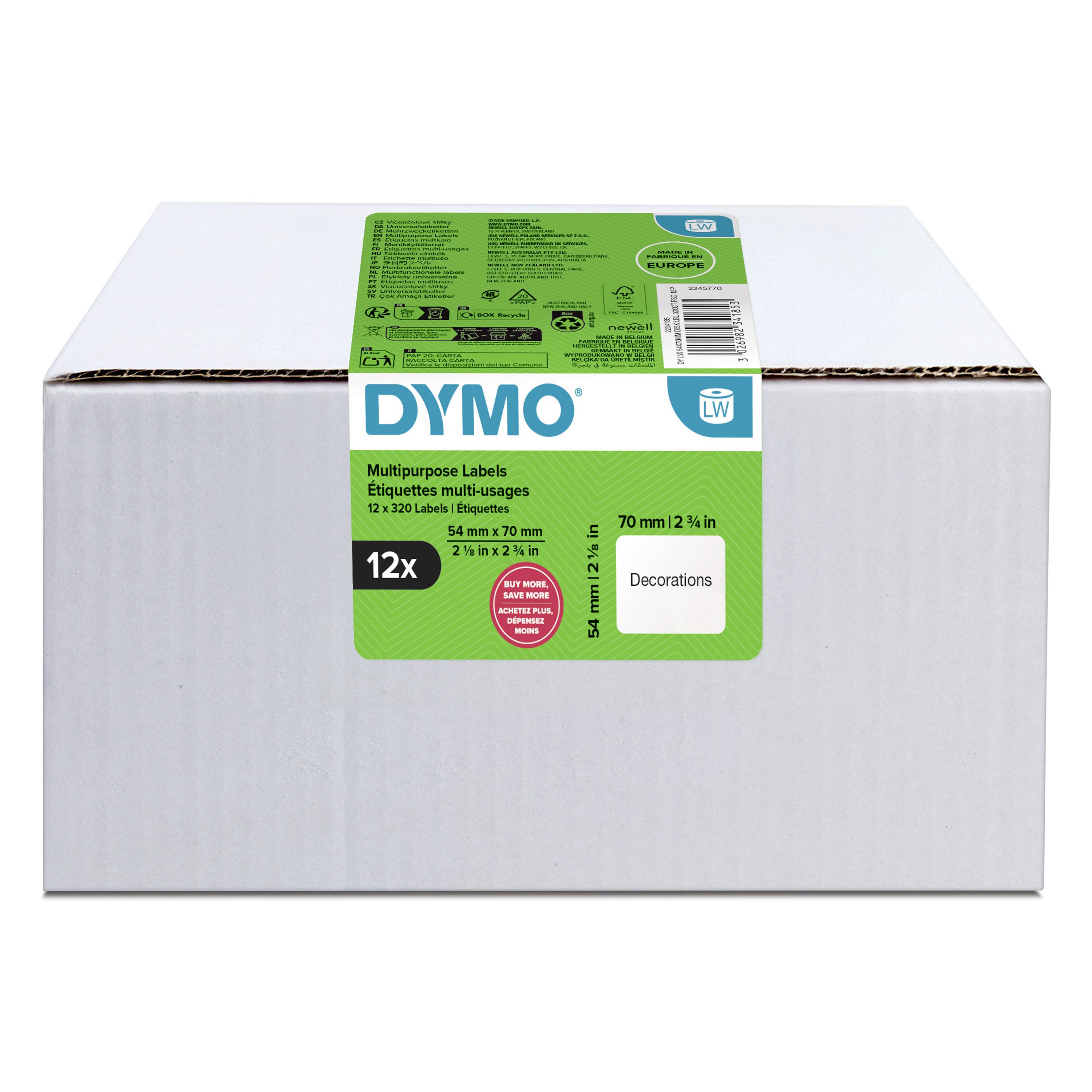 Boîte d'étiquettes polyvalentes DYMO, 12 rouleaux, pour décoration de 54 mm par 70 mm ou 70 mm par 2 pouces.