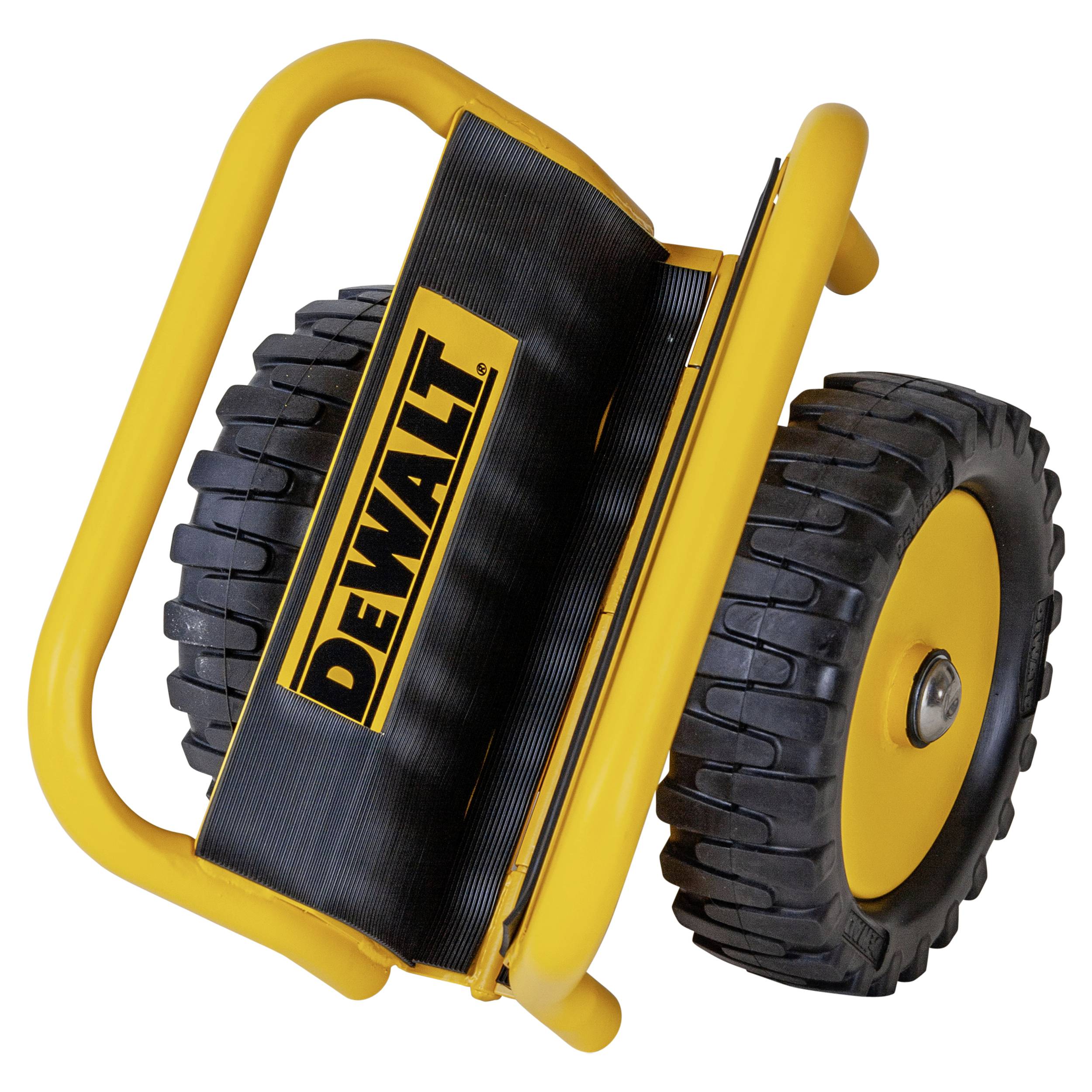 Lampe de travail roulante DeWalt jaune avec deux grandes roues et une poignée de protection, présentée sur un fond blanc.