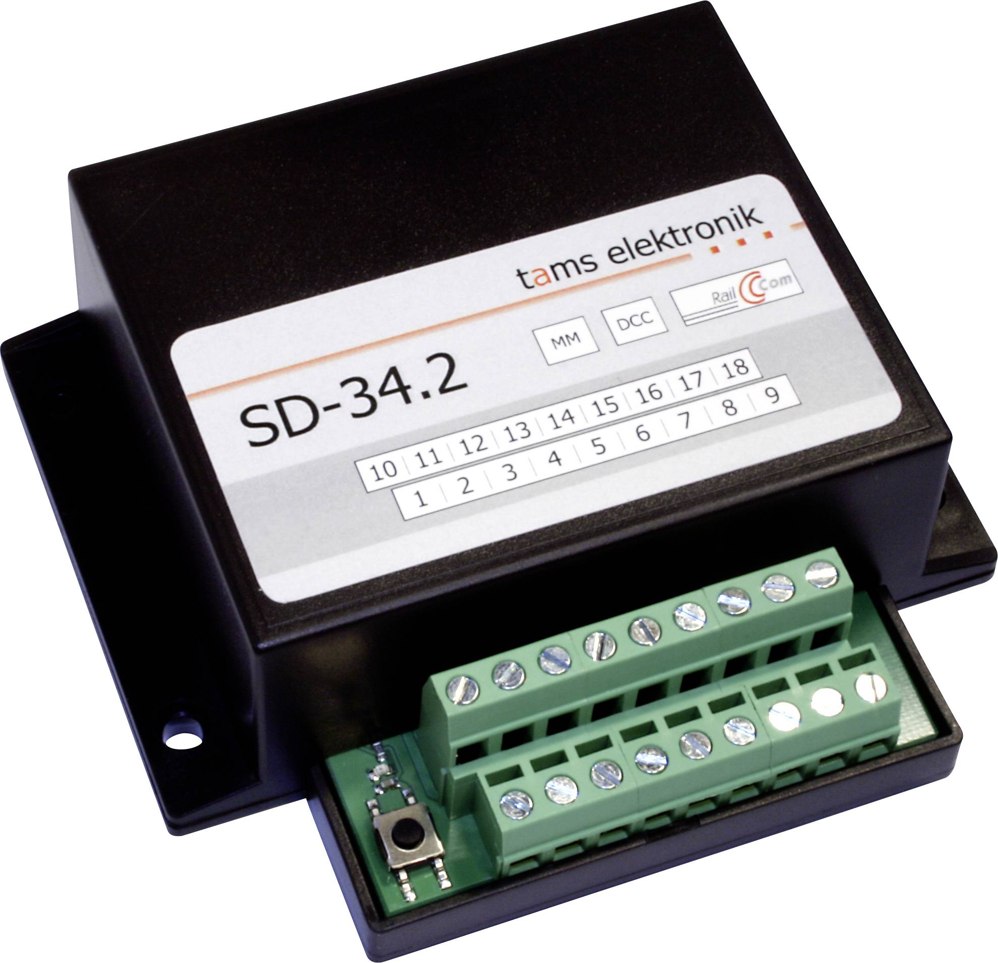 Module de contrôle électronique Black SD-34.2 avec bloc de bornes étiqueté et bouton poussoir, présenté sur fond blanc.