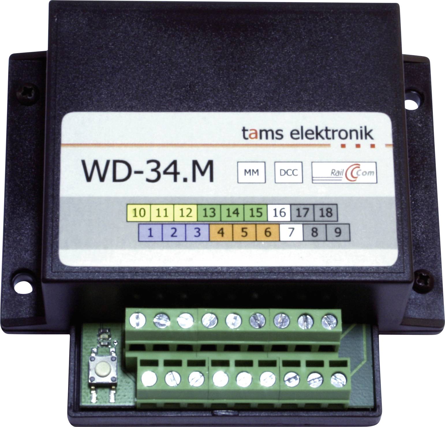 Un module de commande électronique WD-34.M étiqueté « tams elektronik » avec des rangées d'indicateurs numérotés et un connecteur de bloc de bornes vert.