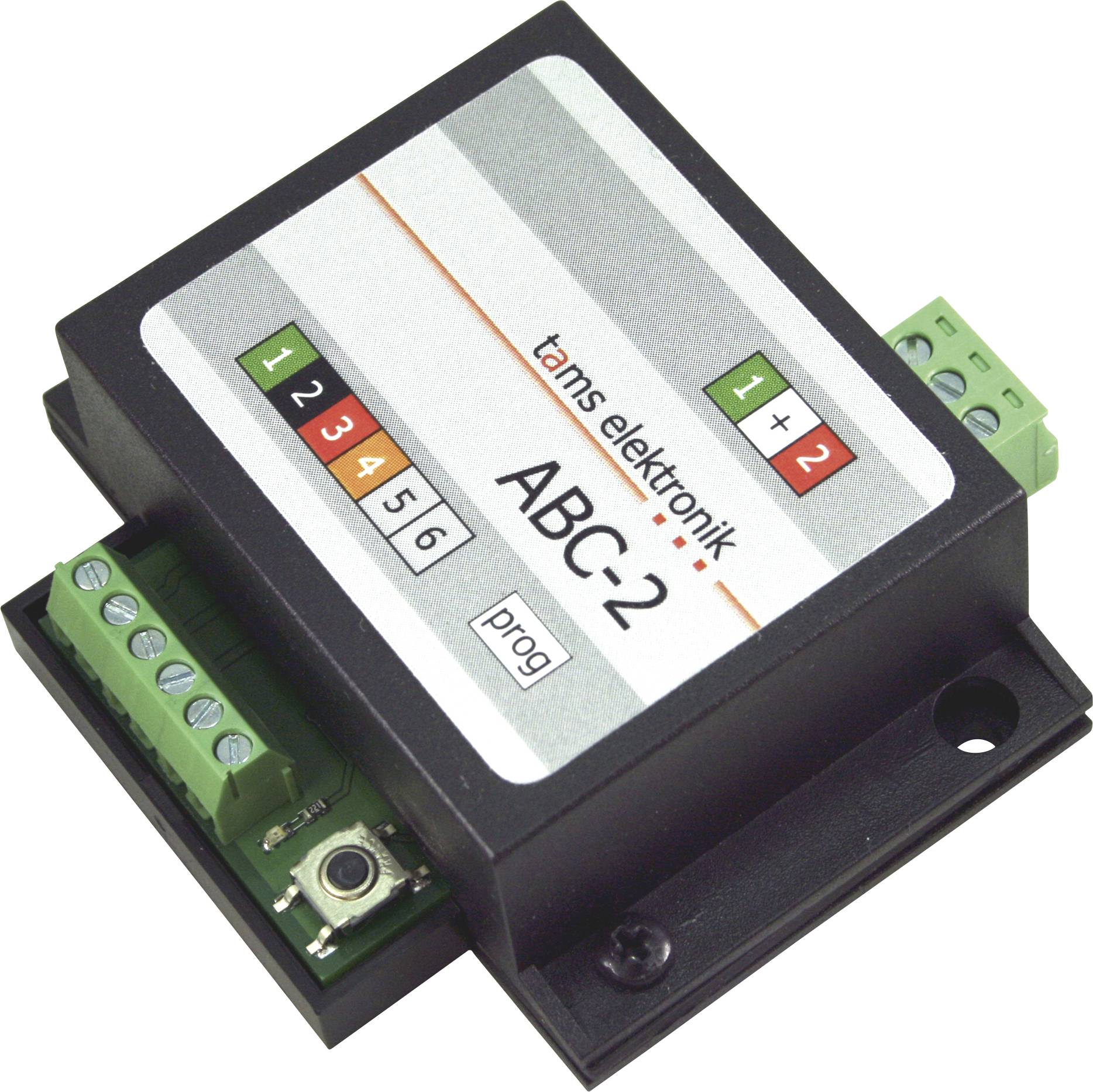 Module de commande électronique noir étiqueté « tams elektronik ABC-2 » avec des paramètres numérotés et des connecteurs de terminal verts.