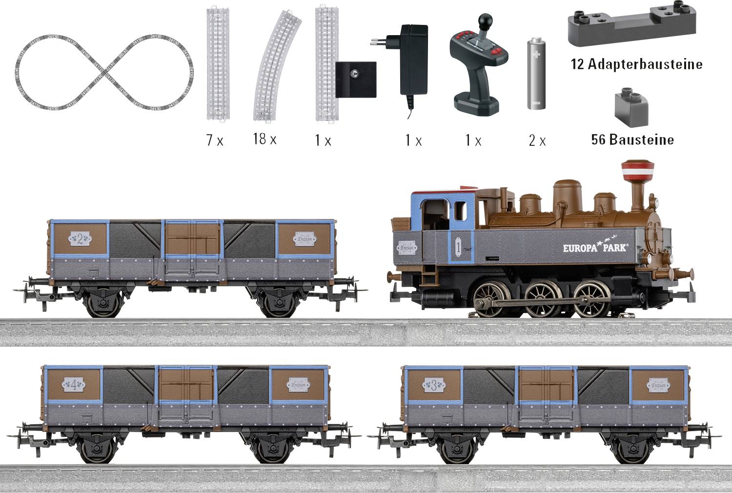 Un coffret de train miniature présente l'inventaire des pièces et trois options de construction pour une locomotive marron « EUROPA PARK » avec des wagons de marchandises assortis.