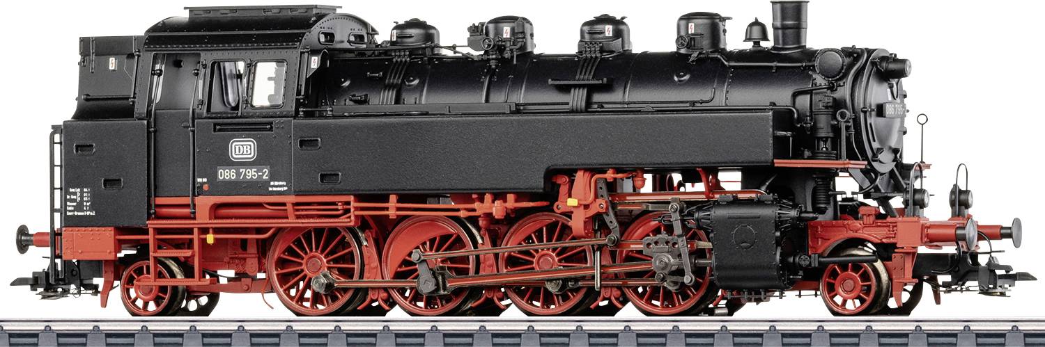 Vue latérale d'un modèle de locomotive à vapeur noir et rouge sur une voie, montrant les roues détaillées, les tuyaux et la cabine.