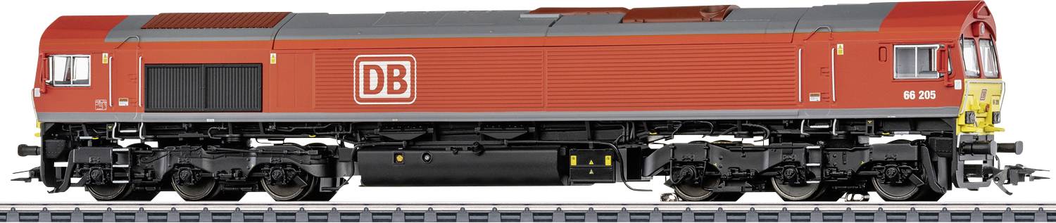 Vue latérale d'une locomotive électrique rouge Deutsche Bahn avec le logo DB, présentée sur un fond blanc.