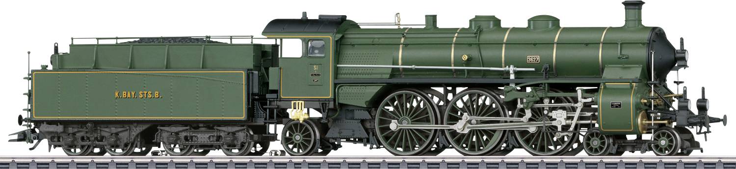 Une locomotive à vapeur verte avec son tender, présentée de profil, portant l'inscription « KING STEEL », sur un fond blanc.