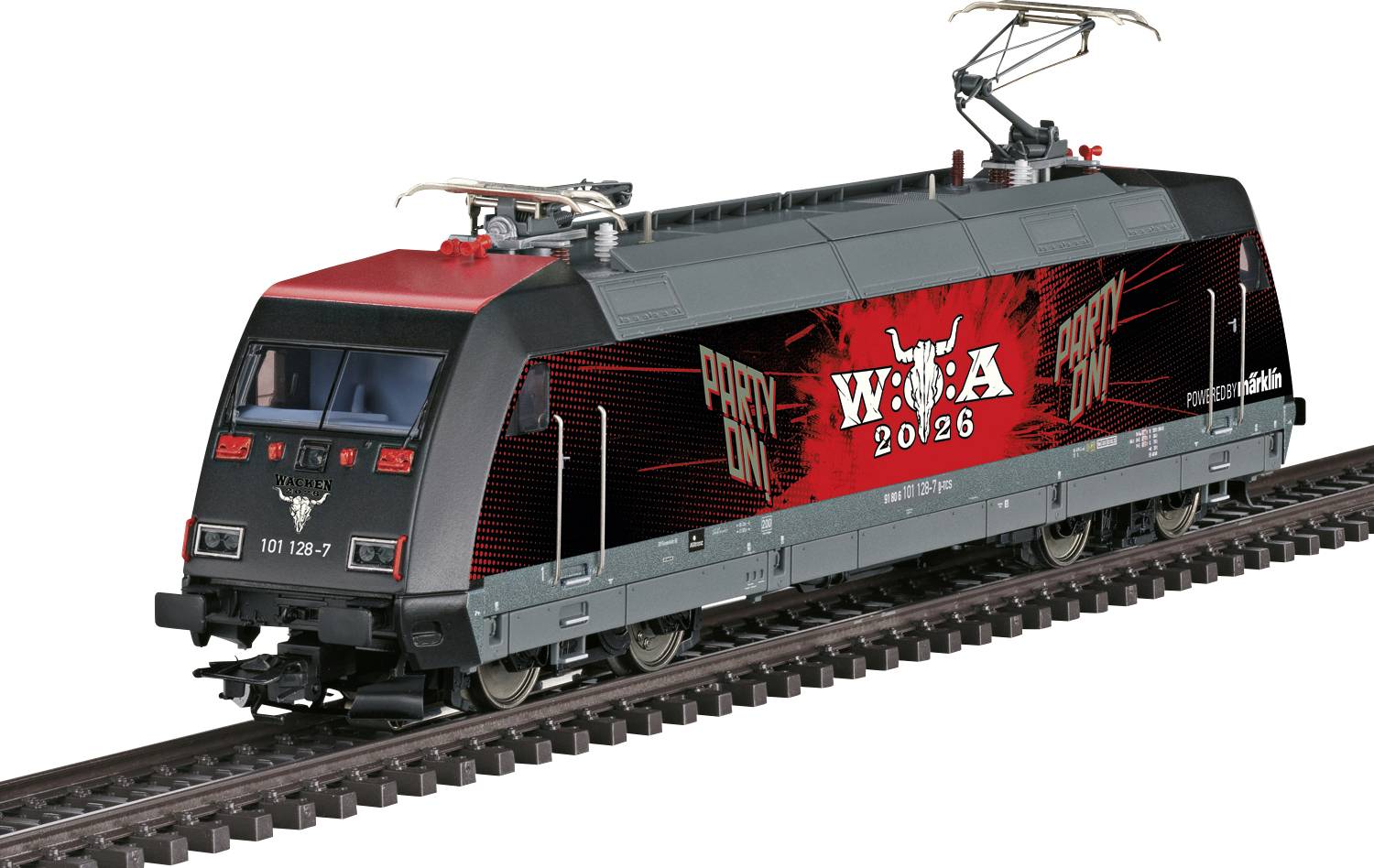 Locomotive électrique modèle sur voie, livrée noir et rouge avec les graphiques « WCA 2026 » et « PARTY ON », présentée en vue de profil.