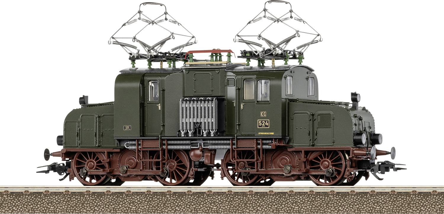 Vue de profil d'une locomotive électrique verte vintage sur des rails, avec deux pantographes relevés et des roues rouges, présentée isolée sur un fond blanc.