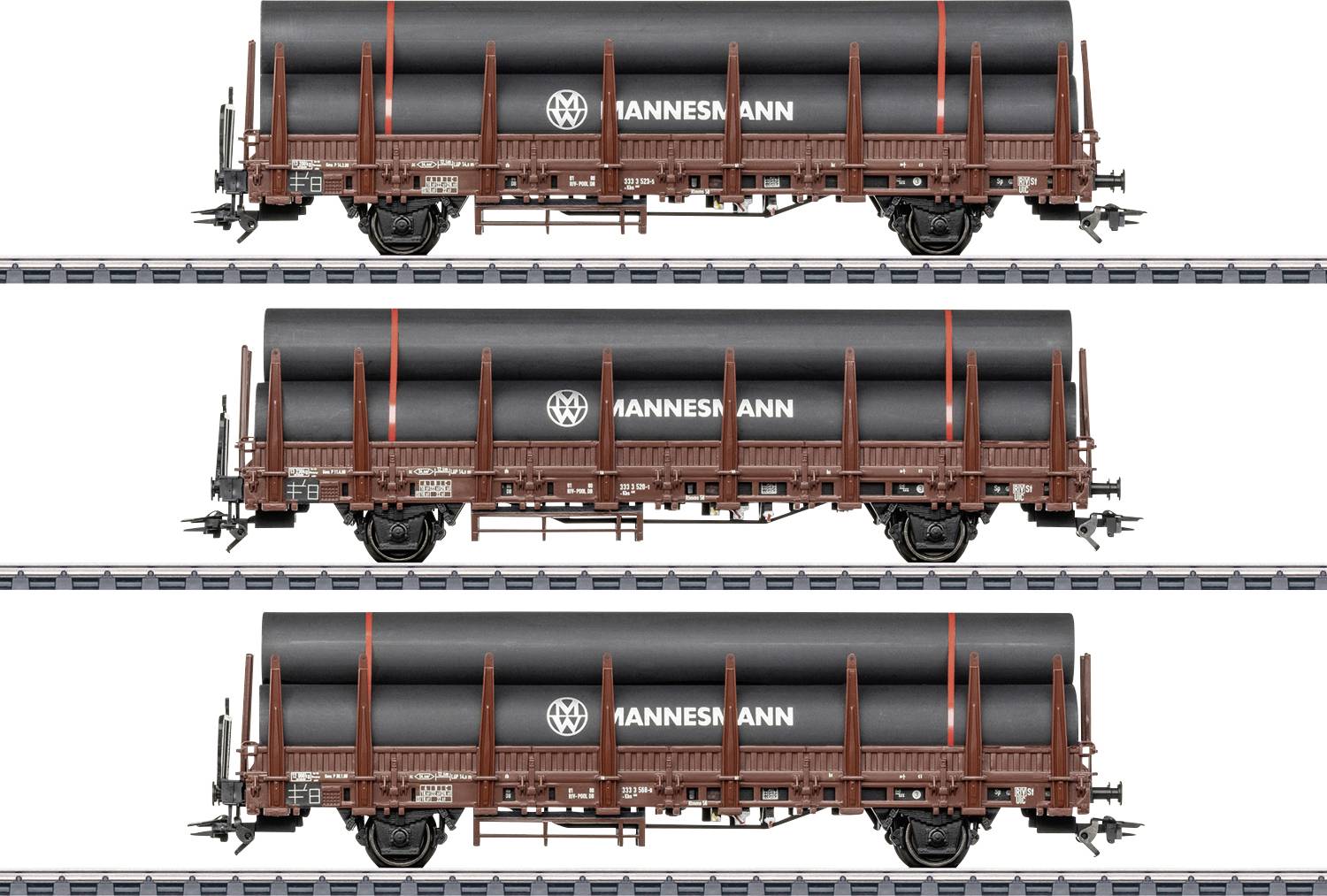 Trois wagons plats de chemin de fer vus de côté transportant des charges cylindriques noires sur des wagons plats, étiquetés « HANNESMANN », affichés empilés en trois rangées horizontales.