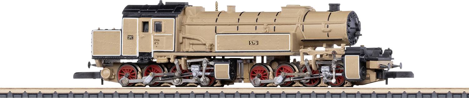 Vue latérale d'un modèle de locomotive à vapeur couleur tan avec des roues rouges sur des rails, présenté sur un fond blanc.