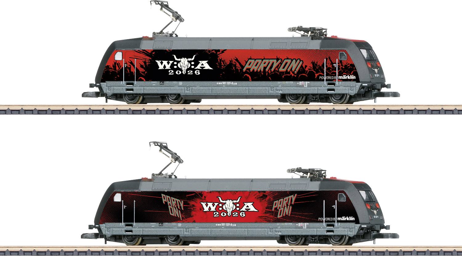 Deux graphiques de vue latérale d'une locomotive noire sur des rails, comparant des designs de livrée d'événement « PARTY ON » et « W.W.A 2026 » alternant rouge et noir.